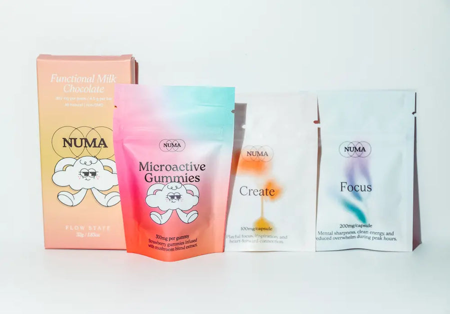 NUMA Combo Bundle: chocolate bar, gummies and two capsule packs